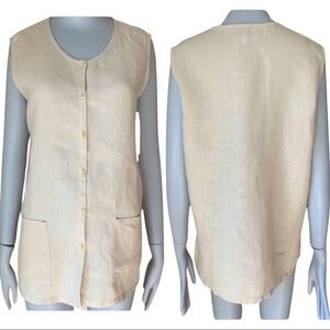 EILEEN FISHER 100% Linen Button Up Sleeveless Top Tunic Beige Sand Summer Size S